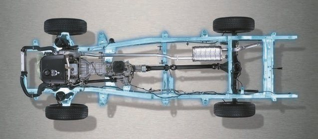 Image of Mitsubishi Triton chassis with drive train and gear box